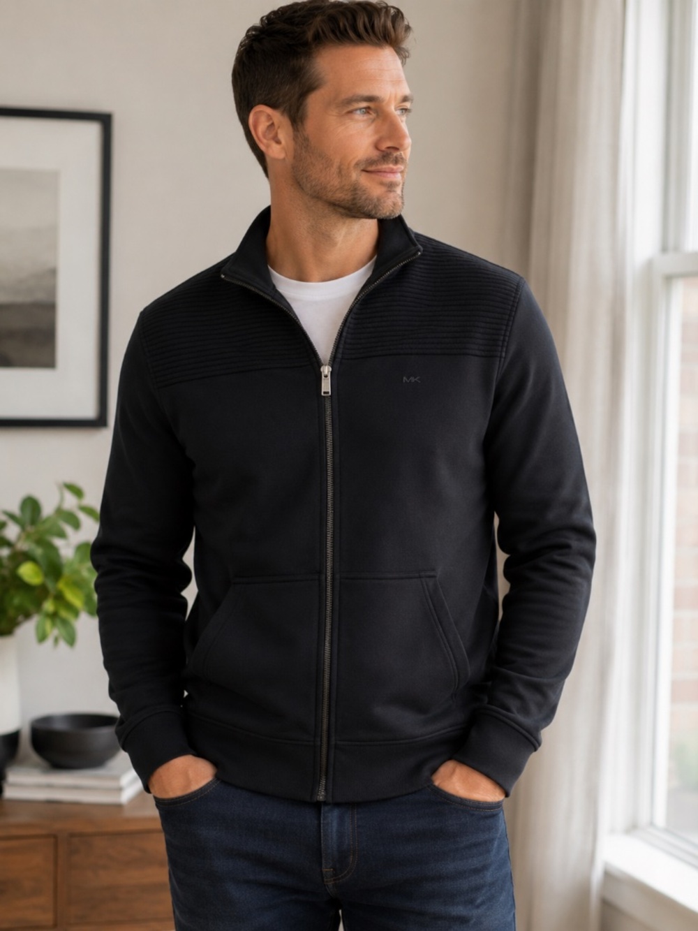 Michael Kors Mens Front Zip Logo Cotton Sweatshirt Black Size Large